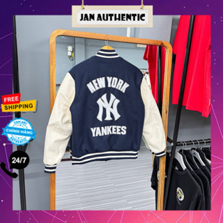    HOẢ TỐC   Áo Khoác Bomber NEW ERA NY Chất Nỉ Màu Navy Tay Da | JanAuthentic 