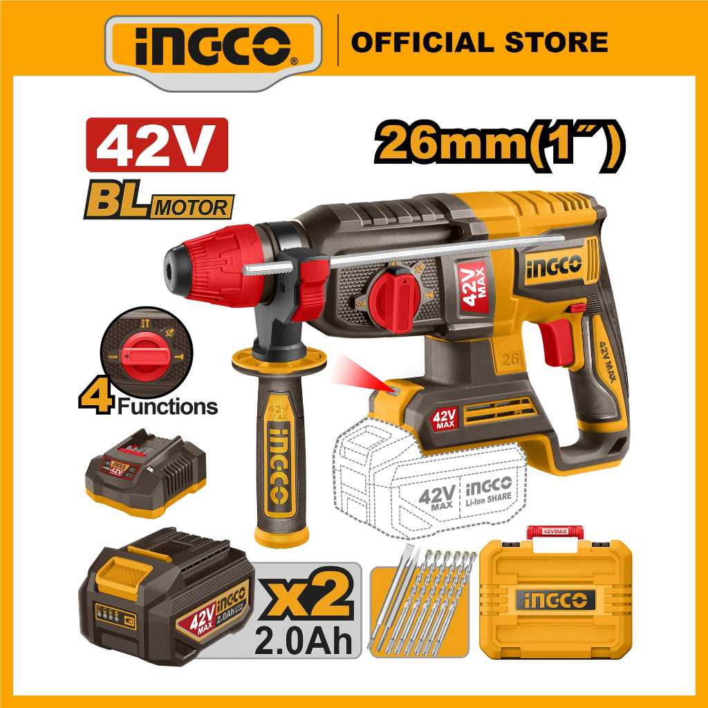 Máy khoan bê tông pin 42V max INGCO CRHLI422682 2,5J mâm cặp SDS plus motor không chổi than máy mạnh