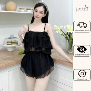 [ BigSize 55kg - 85kg ] Set đùi Von tầng Nơ tiểu thư, kèm tăng chỉnh. áo lửng croptop 2 tầng thời trang, mềm mát