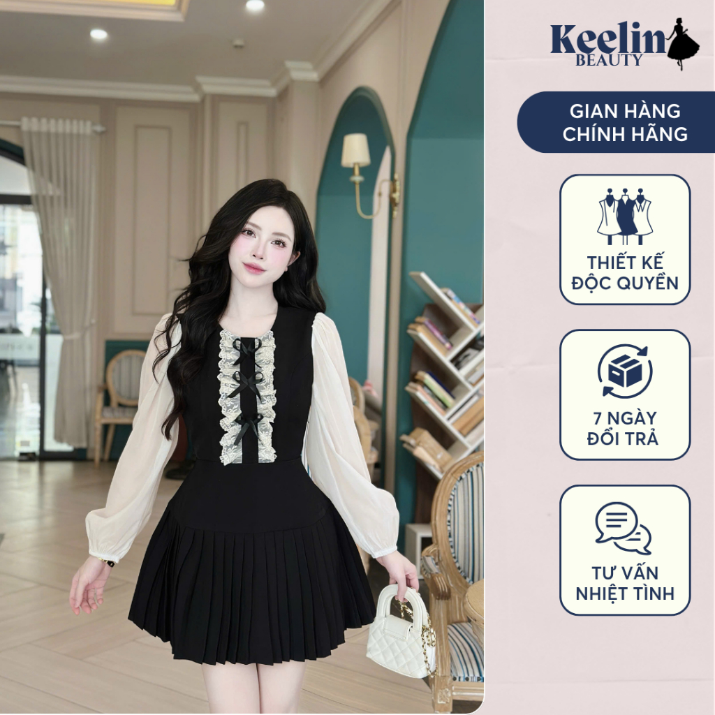 Váy chéo Hàn thiết kế ren nơ tay dài dáng váy xoè bòng bềnh tiểu thư V346 KEELIN BEAUTY