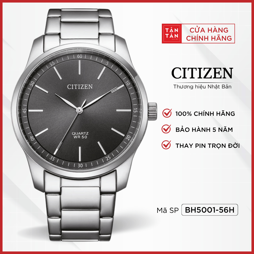 Đồng hồ Citizen Nam BH5001-56H - Quartz 42mm Mặt xám Dây thép không gỉ