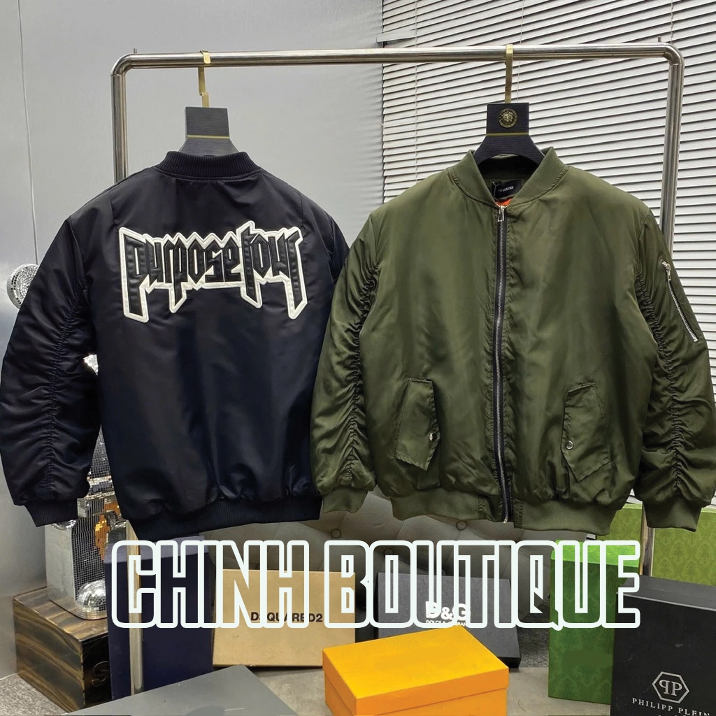 Áo khoác gió bomber thêu chữ da Purpose Tour lưng phối túi khoá tay trần bông 3 lớp cho nam nữ