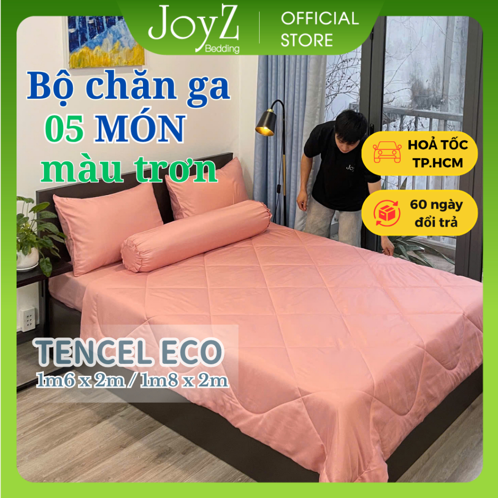 Bộ Chăn Ga Gối 5 Món JoyZ Bedding lụa Tencel Eco Màu Trơn, Set Ga Trải Giường I 1m6 x 2m, 1m8 x 2m