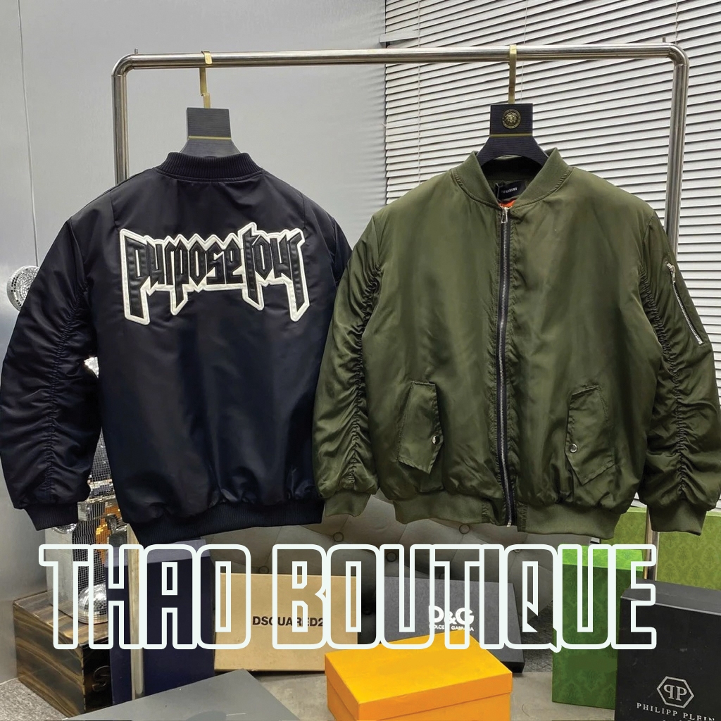 Áo khoác gió bomber nam nữ thêu chữ da Purpose Tour lưng phối túi khoá tay trần bông ba lớp lót cam