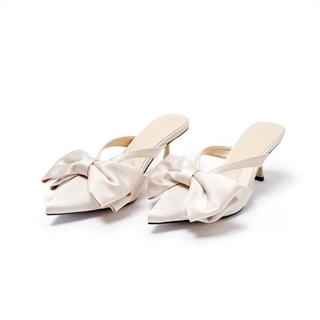   VHL x ALEX & SARA  AL420 - Guốc nữ bít mũi gót cao 7cm mũi nhọn đính nơ màu trơn tối giản thanh lịch 