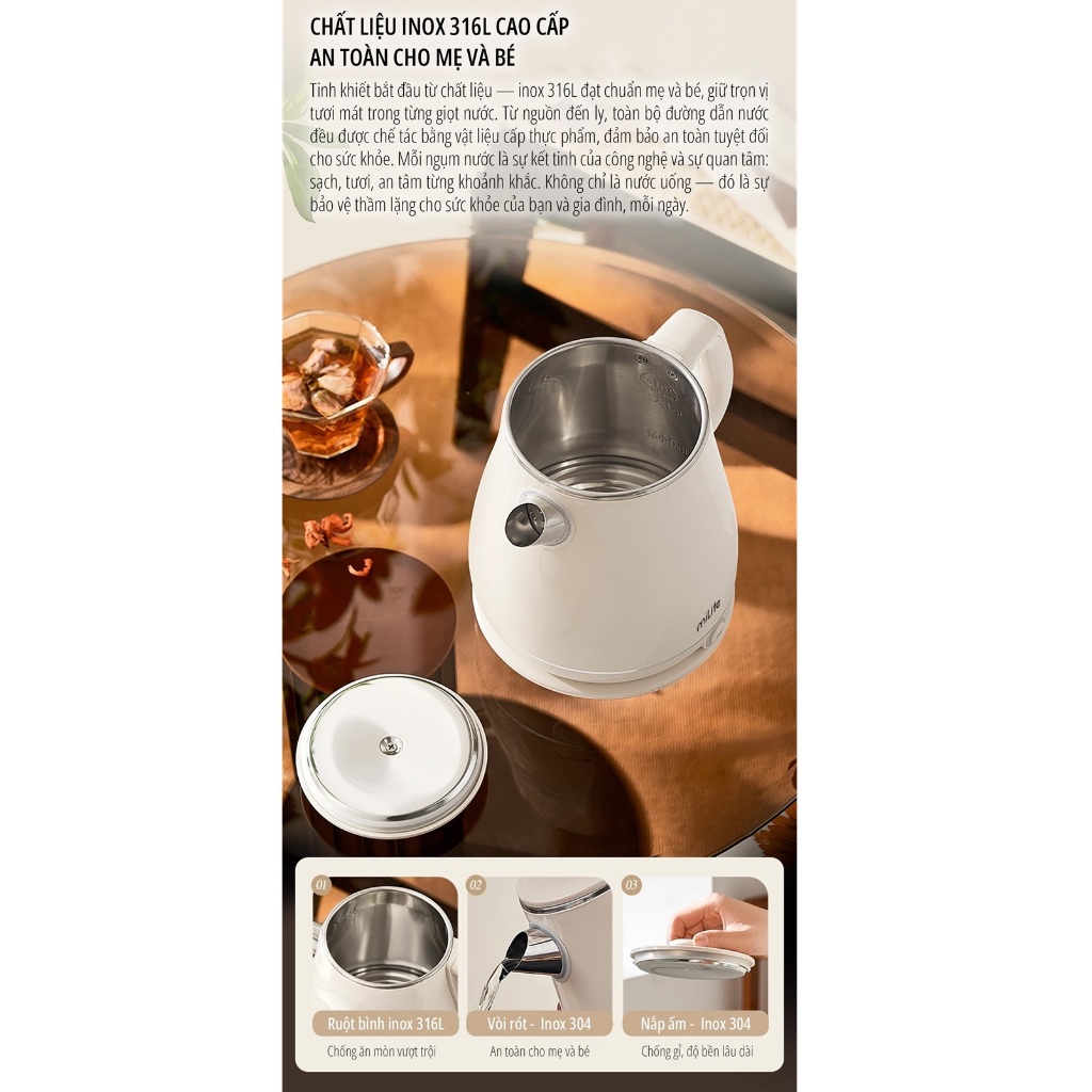 Ấm siêu tốc cao cấp miLife N6, giữ nhiệt ở 45 độ pha sữa, 1.8L inox 316 | BigBuy360 - bigbuy360.vn