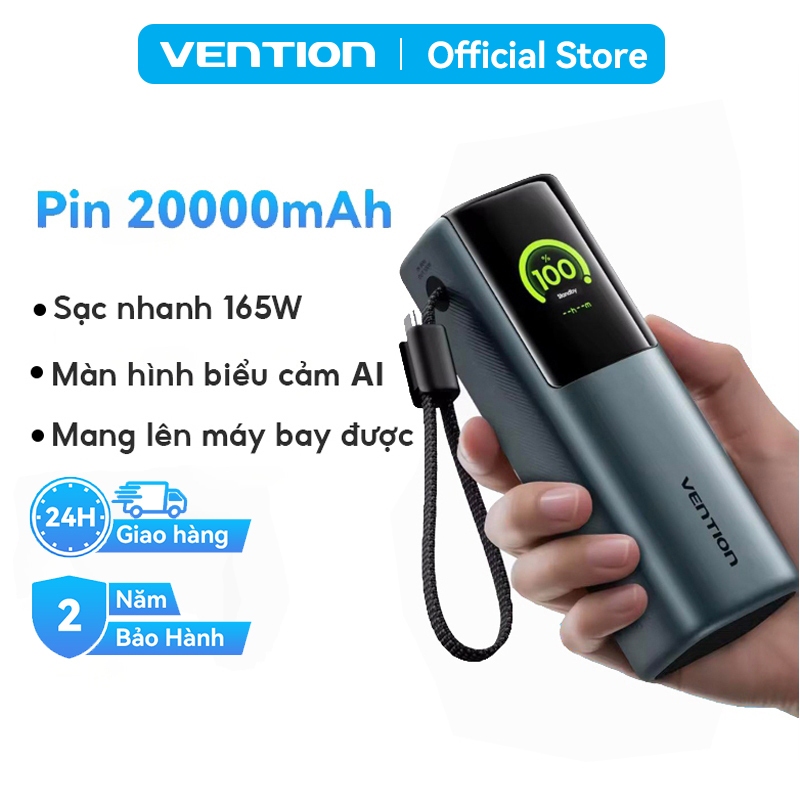 [Hỏa Tốc] Sạc Dự Phòng 20000mAh 165W Vention,  Sẵn Dây Type-C, Màn Hình Thị Mặt Cười AI Cho Điện Tho