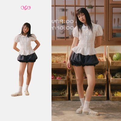 Quần bí OLV ngắn cạp trễ Navy Cotton Striped Puff Shorts trẻ trung năng động