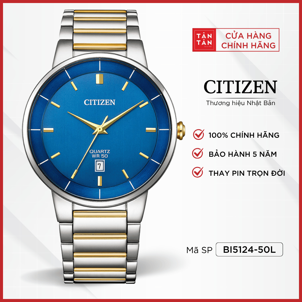 Đồng hồ nam Citizen BI5124-50L - Máy Quartz, Dây thép không gỉ mạ vàng PVD, Mặt tròn 40mm