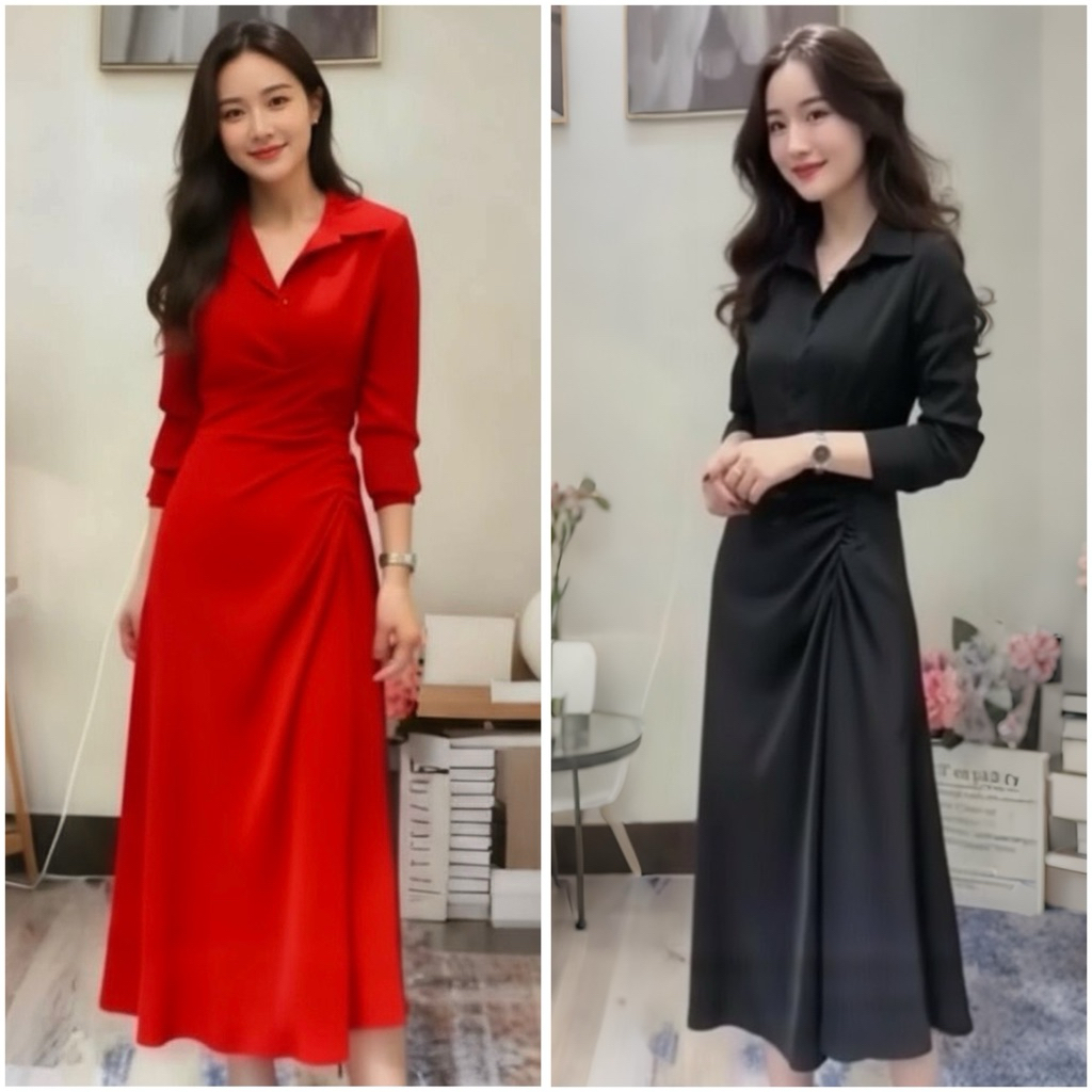 Đầm sơ mi nhúng eo tay dài 2 màu, váy thu đông, váy noel (kèm hình thật)