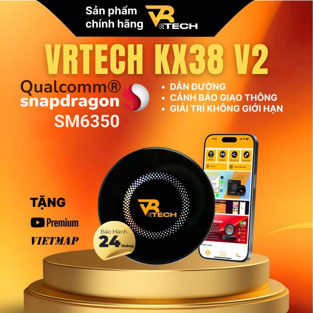 Android Box Ô Tô 2026 Chính Hãng VRTECH KX-38 Pro V2 FLAGSHIP Qualcomm 6350, Android 15,Cao Cấp, Vie