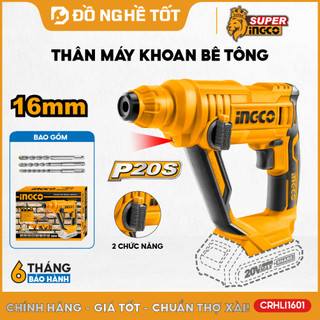Máy khoan bê tông pin 20V INGCO CRHLI1601 – Lực búa 1.5J, khoan tường gạch, bê tông nhẹ, nhỏ gọn, cho thợ điện nước