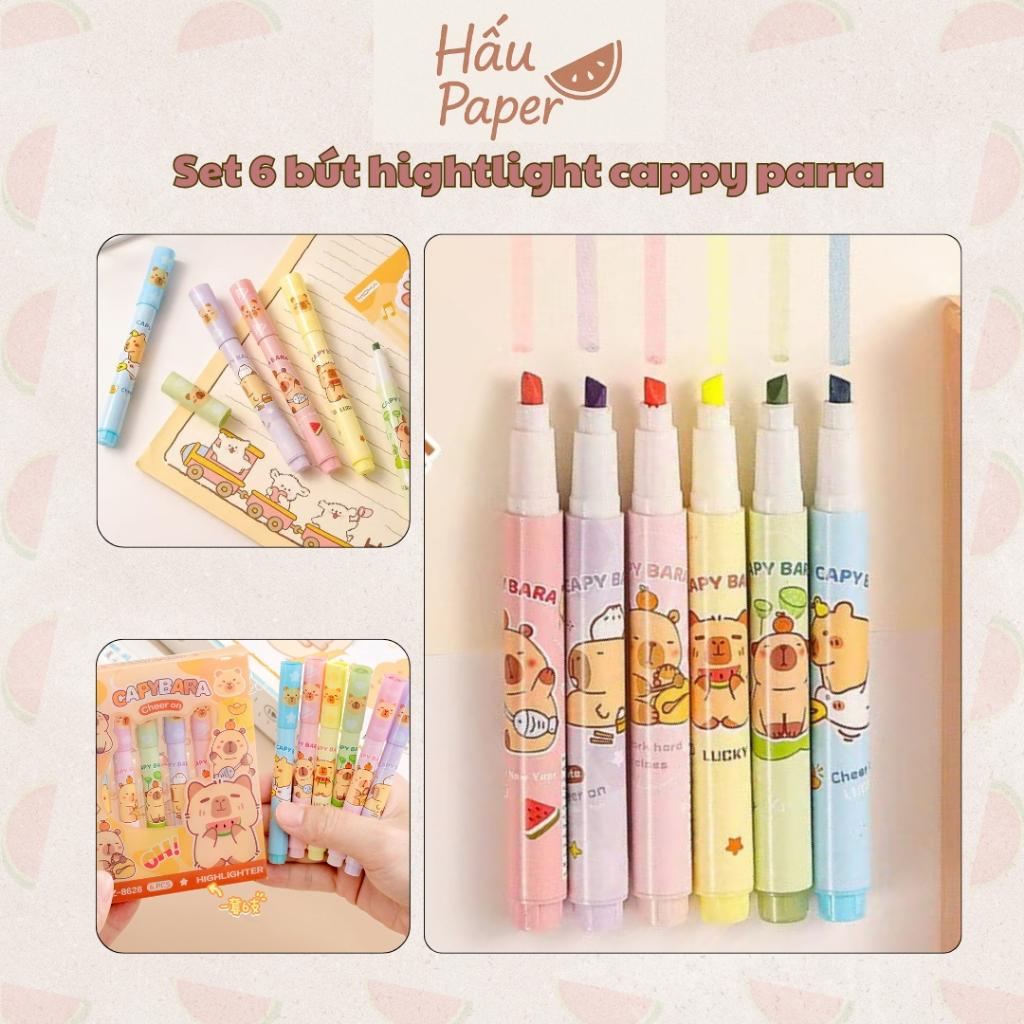 Hấu Paper Set 6 bút hightlight họa tiết cappy parra, Màu pastel dễ nhìn, không chói mắt, Mực ra đều 