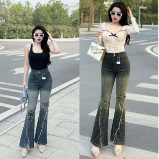  Quần jean nữ loe ombre đính đá cạp cao hoạ tiết thêu bướm xẻ gấu đính đá sang-xịn tôn dáng chất jean co dãn dày dặn. 