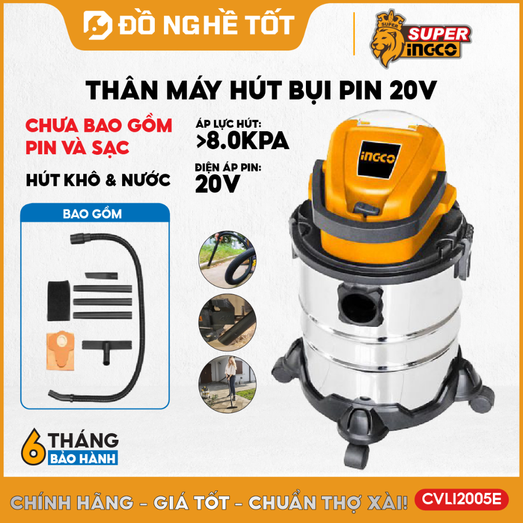 Máy hút bụi dùng pin 20V INGCO CVLI2005E – Thùng inox 30L, lực hút mạnh 8.0KPa, tặng kèm phụ kiện đầy đủ