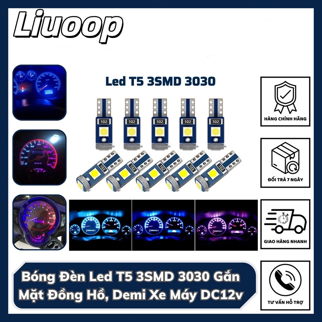 LIUOOP Bóng đèn Led T5 3SMD gắn mặt đồng hồ, demi, xe máy, ô tô DC 12V