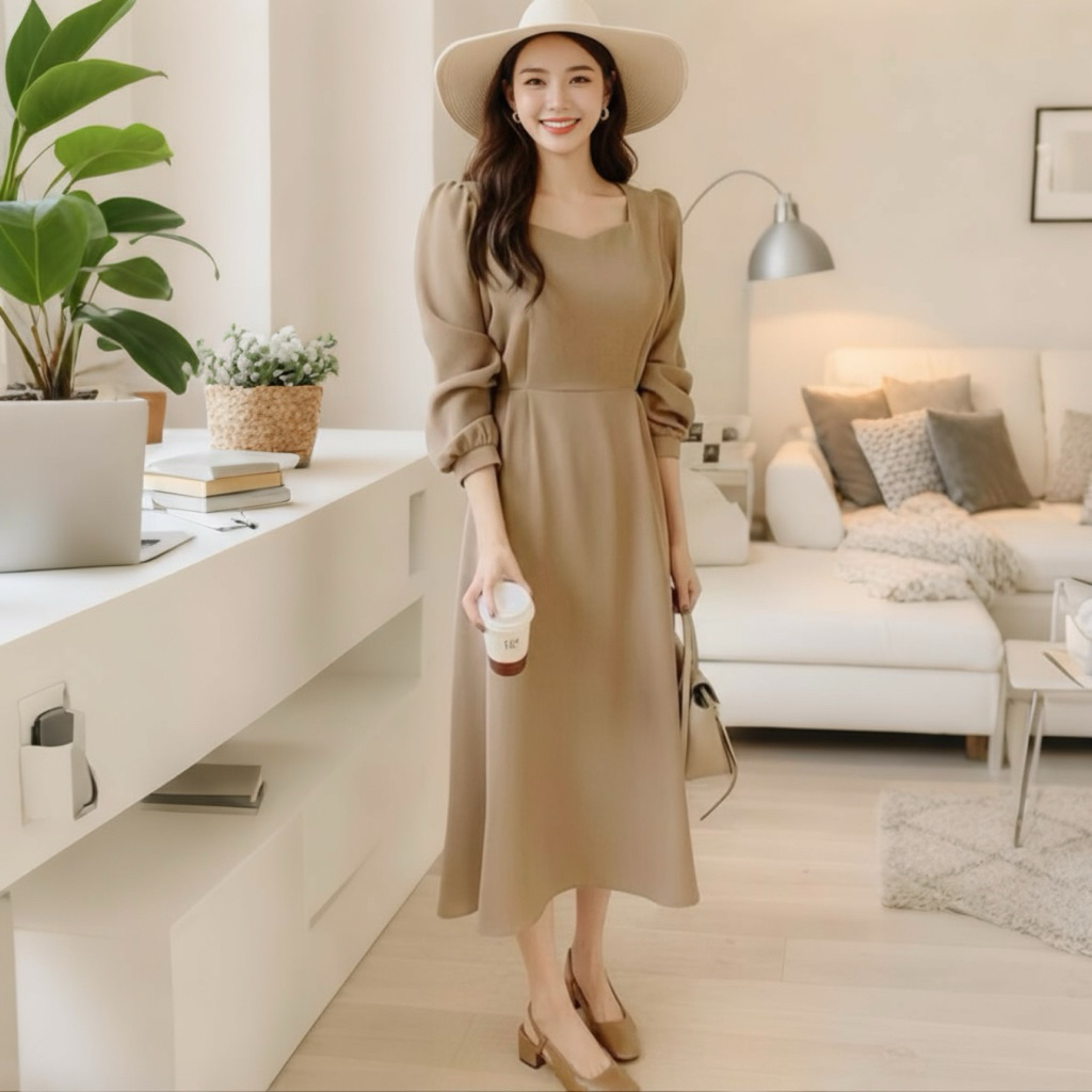 Đầm thu đông thanh lịch màu kem tay dài thắt eo (kèm hình thật)
