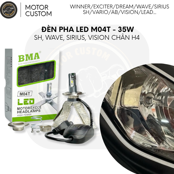 Đèn Pha Led M04T - 35W Cho SH Việt, Wave, SIrius, Vision Chân H4 - Bảo Hành 12 Tháng