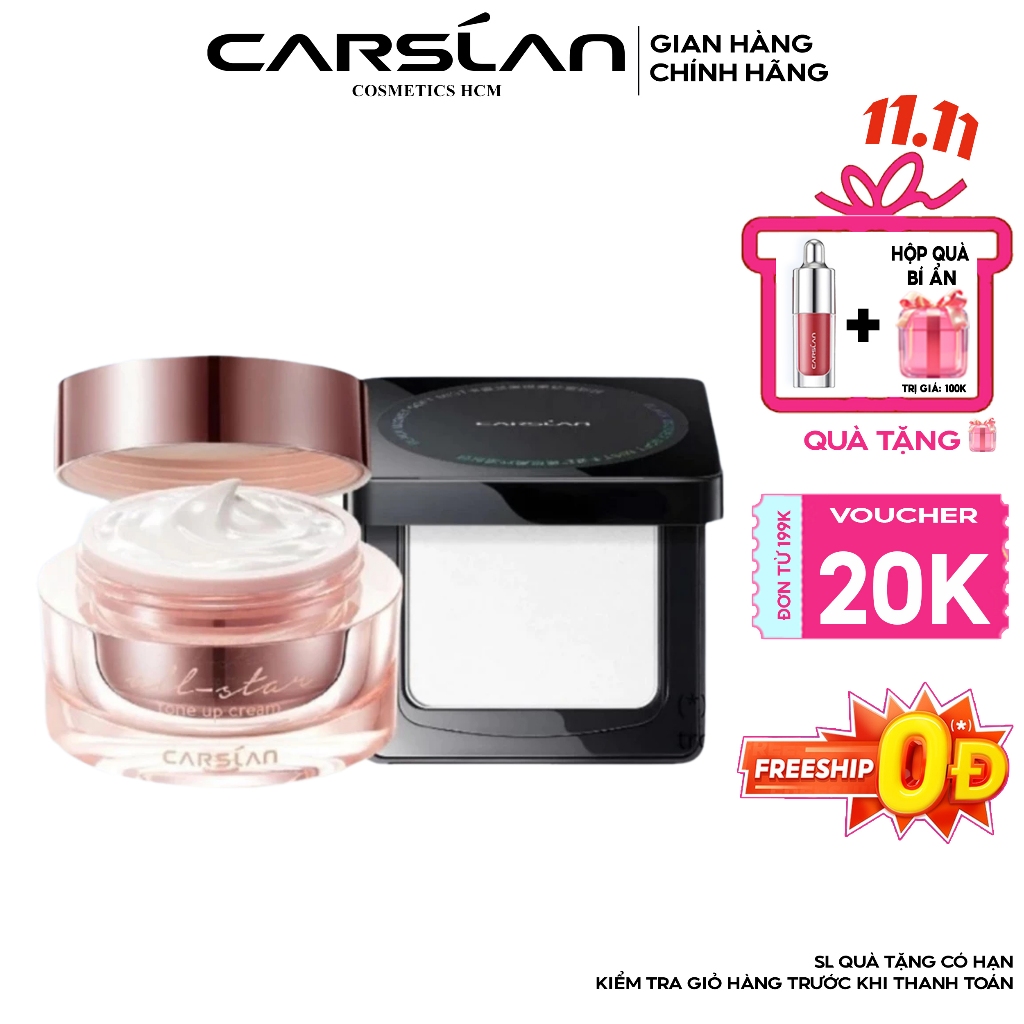 Combo kem lười Carslan nền mịn nhanh chóng + phấn nén Carslan kiềm dầu, giữ nền lâu trôi