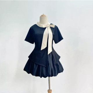   Peinn  Set Áo Váy Bigsize Nữ Áo Tay Ngắn Ôm Body Phối Nơ Cổ Xinh Kèm Chân Váy Ngắn Bồng Cho Chubby SET935 