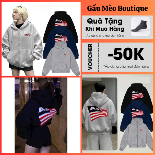 Áo Khoác Hoodie Zip Aastu Thêu Hình Cờ Mỹ Rộng Boxy Chất Nỉ 2 Da Thêu Xù Đẳng Cấp Thời Trang Hot Tre