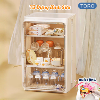 Tủ đựng bình sữa gấp gọn TORO trong suốt sang trọng đựng ly cốc để bàn cửa từ tự hút chống bụi