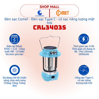 [HỎA TỐC] Đèn sạc Comet CRL3403S - Có sạc năng lượng mặt trời - Pin Lithium 1200mAh