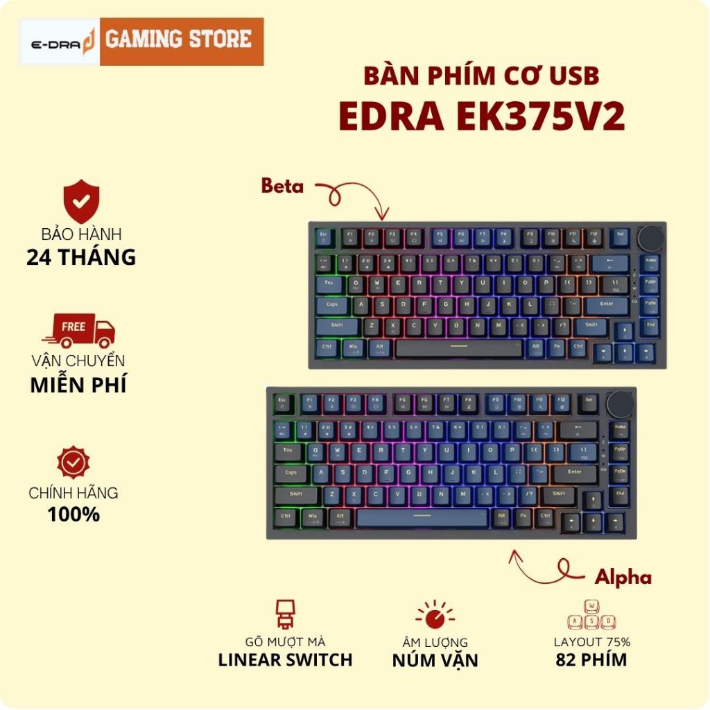 Bàn phím gaming EDRA EK375W Hotswap không dây, EK375V2 có dây, Linear Switch, BH Chính hãng 2 năm | BigBuy360 - bigbuy360.vn