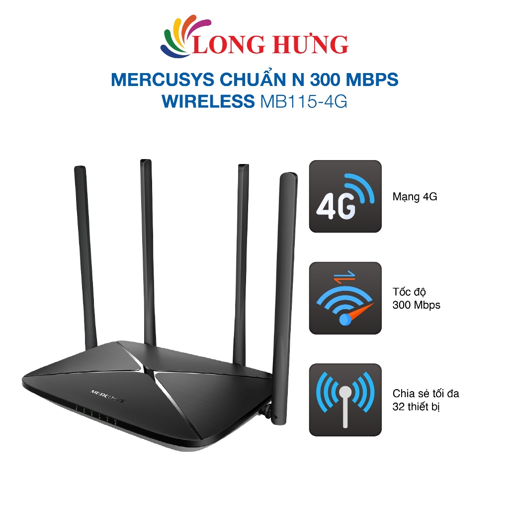 Router Wifi 4G LTE Mercusys chuẩn N 300 Mbps Wireless MB115-4G - Hàng chính hãng