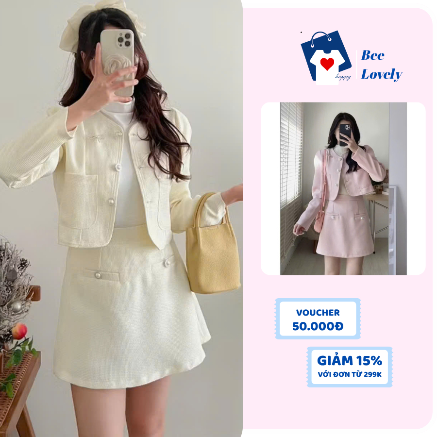 Set áo dạ tweed blazer cổ tàu croptop dài tay kèm chân váy tennis xếp ly ngắn. Set đồ nữ áo khoác dạ