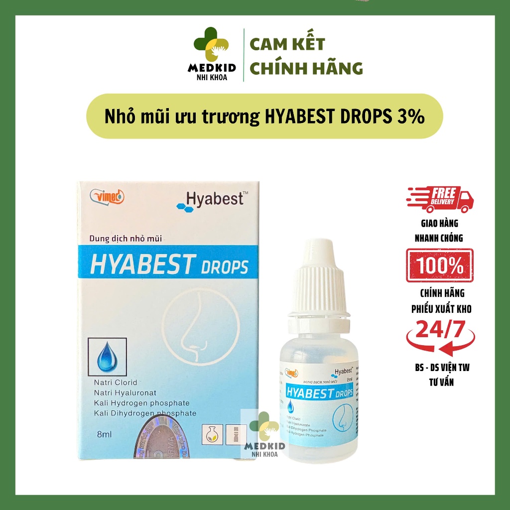Nhỏ mũi ưu trương HYABEST DROPS 3% - Giảm nghẹt mũi, sổ mũi, làm loãng dịch mũi cho bé (Lọ 8ml)