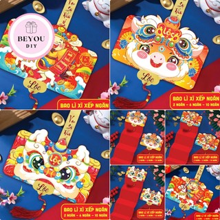 Bao Lì Xì Nhiều Ngăn Tết 2026 Thiết Kế Hình Đầu Lân, Thần Tài, Bé Ngựa, Bao Lì Xì Gấp Gọn Sang Trọng