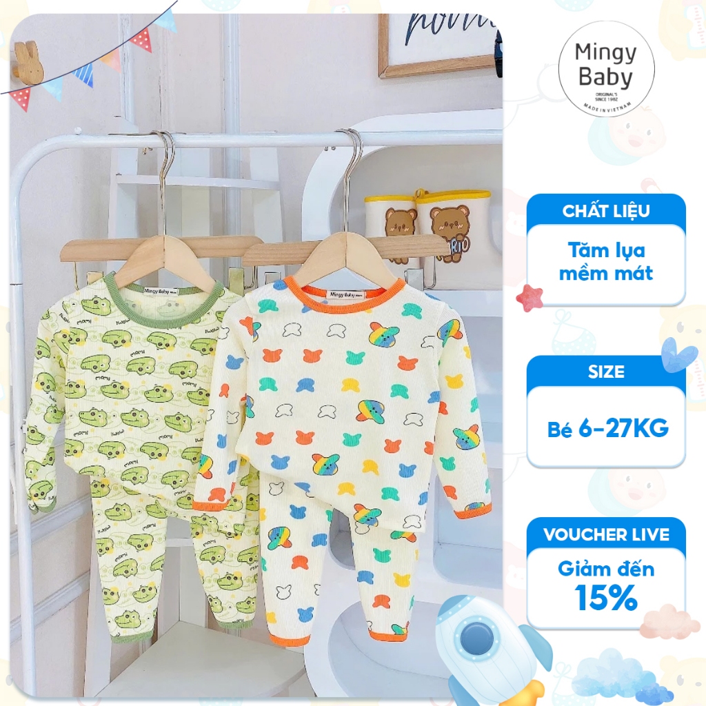  Bộ tăm lụa lạnh dài tay MINGY BABY thu đông cho bé từ 6-27kg chất liệu mềm mát thoải mái mặc nhà 
