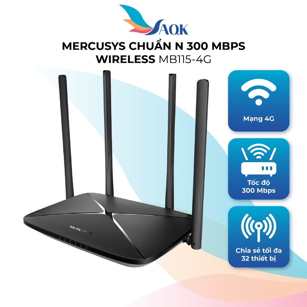 Router Wifi 4G LTE Mercusys chuẩn N 300 Mbps Wireless MB115-4G - Hàng chính hãng