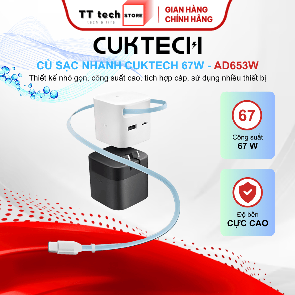 Củ Sạc Nhanh CUKTECH AD653W 67W Kèm Cáp Rút Gọn, 3 Cổng 2C+1A, Thiết Kế Mini Tiện Lợi, Bền Bỉ