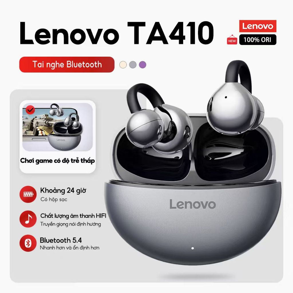 Lenovo Earbuds TA410 TWS Clip-On Wireless Headphones | Bluetooth 5.4 | Touch Control | Long Battery 