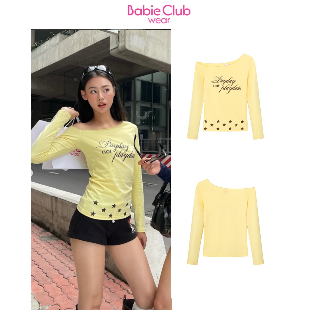 BABIE CLUB | ÁO THUN LỆCH VAI TAY DÀI NỮ IN CHỮ "PAY DAY NOT PLAYDATE"