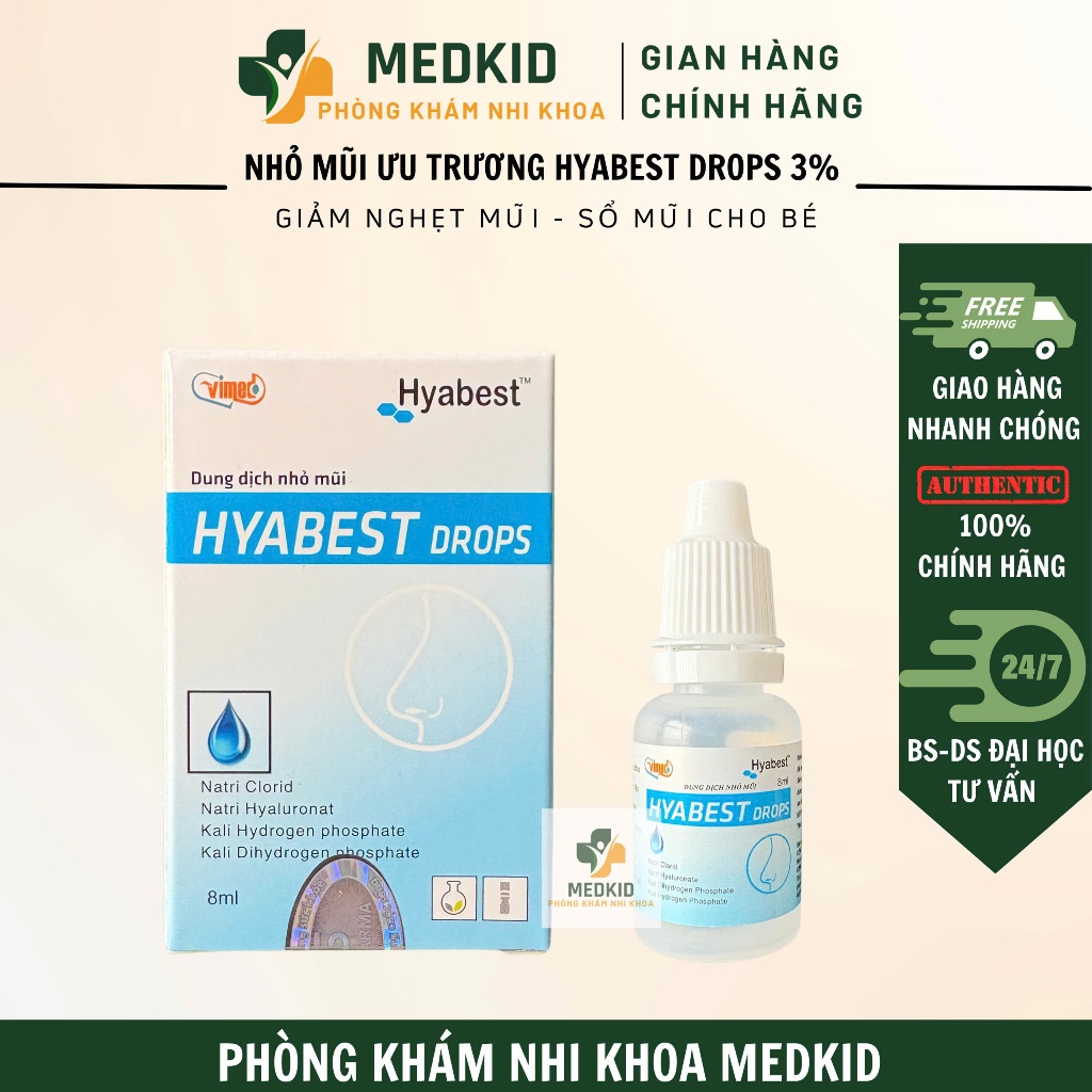 Nhỏ mũi ưu trương HYABEST DROPS 3% - Giảm nghẹt mũi, sổ mũi, làm loãng dịch mũi cho bé (Lọ 8ml)