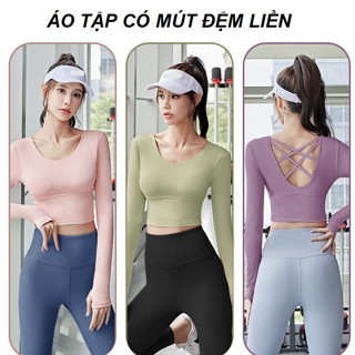  Áo tập gym yoga pilates dài tay có mút đệm liền Áo tập dáng croptop xỏ ngón không lo co cổ tay áo khi tập 