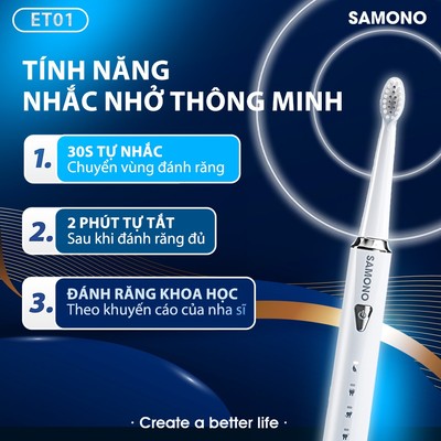 Bàn Chải Điện SAMONO SW-ET01 - Máy đánh răng 5 chế độ - Tặng kèm 4 đầu thay thế - BH 1 năm