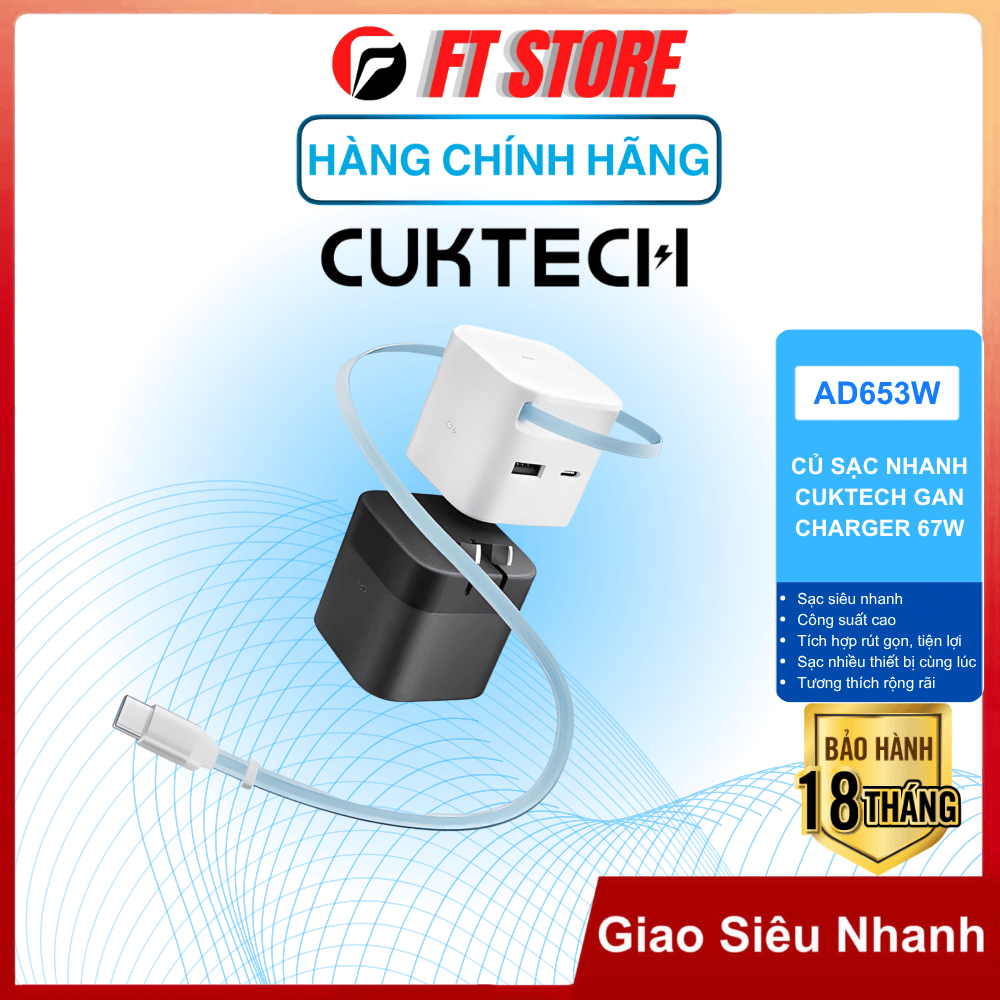 Củ Sạc Nhanh CUKTECH AD653W 67W Tích Hợp Cáp, 3 Cổng USB-C+USB-A, GAN PD/PPS/QC3+ | Chính Hãng