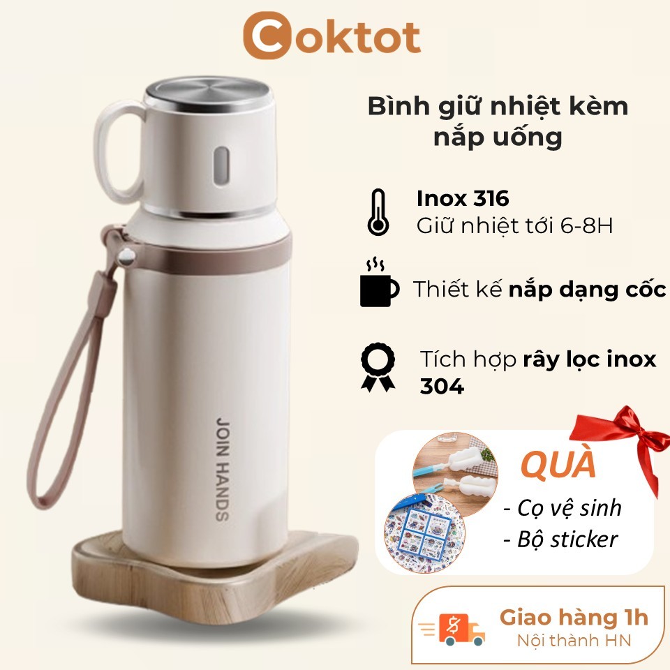 Bình nước giữ nhiệt 600ml kèm nắp uống Coktot TC601, ly giữ nhiệt inox 316 cao cấp, lõi lọc trà tiện lợi, giữ nhiệt 6-8H