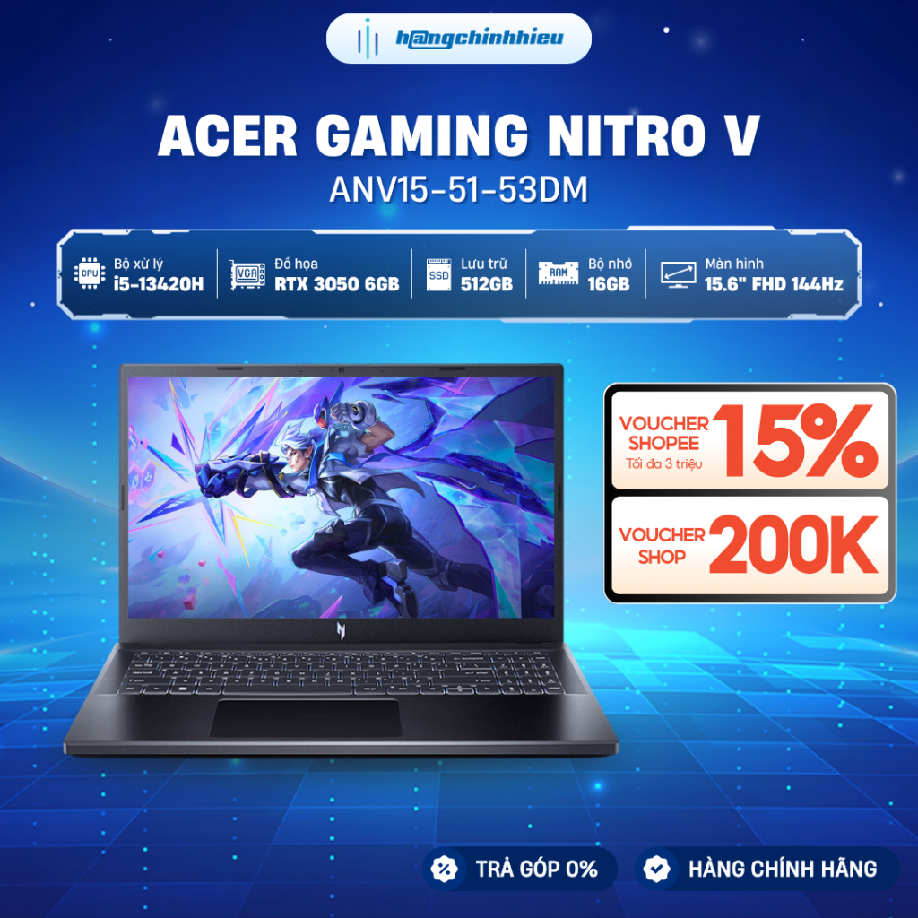 Laptop Acer Gaming Nitro V ANV15-51-53DM Chip Core i5-13420H Card đồ họa RTX™ 3050 6GB