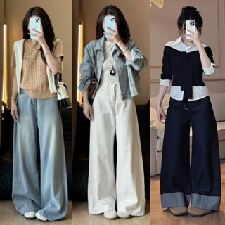  Quần Jean ống Rộng NỮ MIAA Cạp cao ống suông rộng 33cm VER3 màu xanh xám wash trắng bigsize 