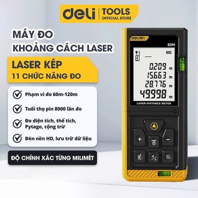 Thước Đo Khoảng Cách Laser 120m Deli Máy Chính Hãng Đa Năng Sử Dụng Từ Xa Chính Xác Bỏ Túi Nhỏ Gọn