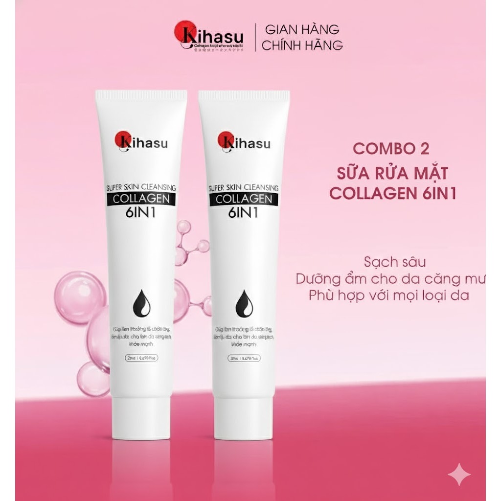 Combo 2 Sữa Rửa Mặt Kihasu Collagen 6in1 20ml dạng Gel, Làm Sạch Dịu Nhẹ, Dưỡng Ẩm Sáng Da Phù Hợp M