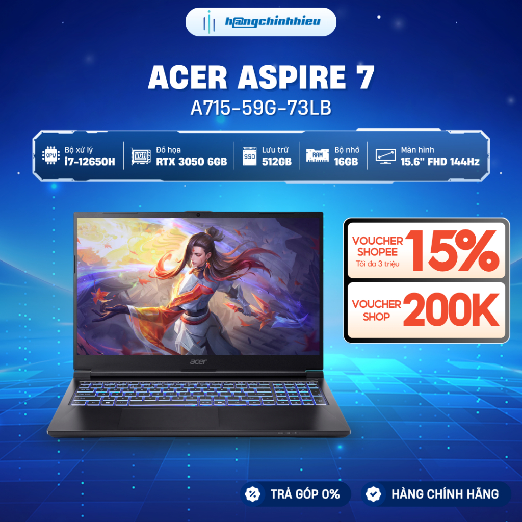 Laptop Acer Gaming  Aspire 7 A715-59G-73LB Chip Intel Core i7-12650H Card đồ họa  RTX™ 3050 6GB