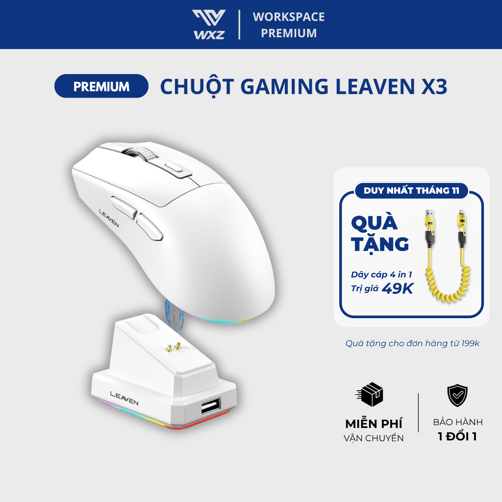 Chuột Gaming Leaven X3 Pro, LED RGB, 1600 DPI, 2 Mode Kết Nối Bluetooth Và 2.4G, Dock Sạc Từ Type-C