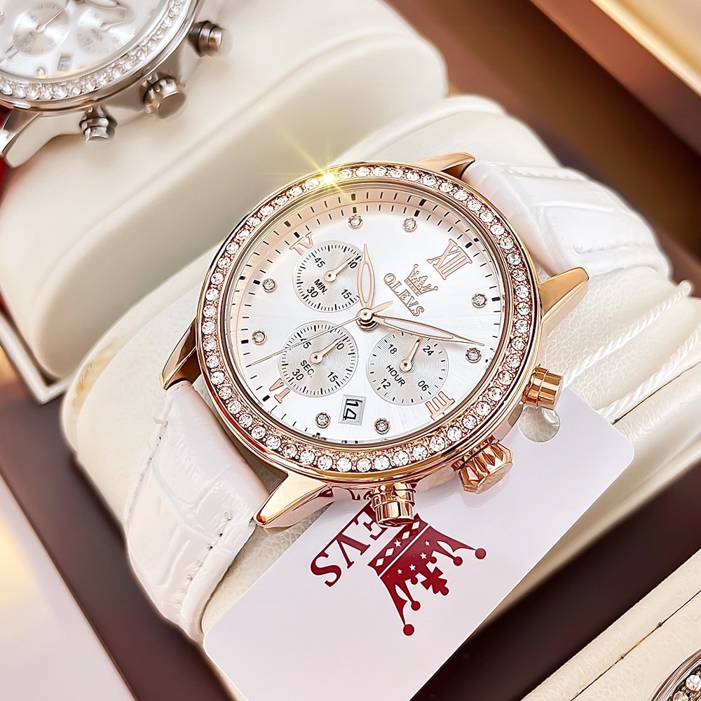 OLEVS Đồng hồ nữ chính hãng chống nước thạch anh mặt đính đá dây da trắng sang trọng có bấm giờ 9933