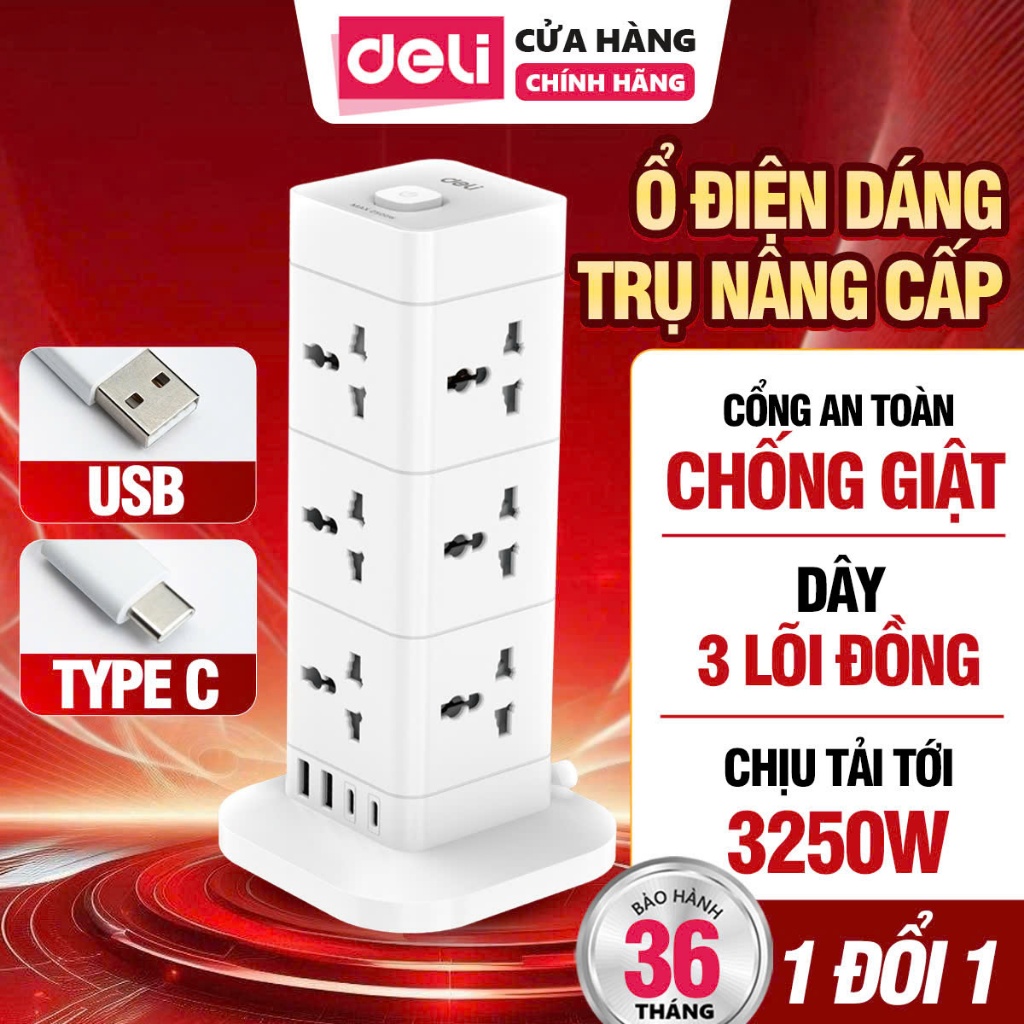 [BẢN NÂNG CẤP] Ổ Cắm Điện Dáng Trụ Sạc Nhanh Deli Công Suất 2500W Có Cổng USB Type C – Chống cháy